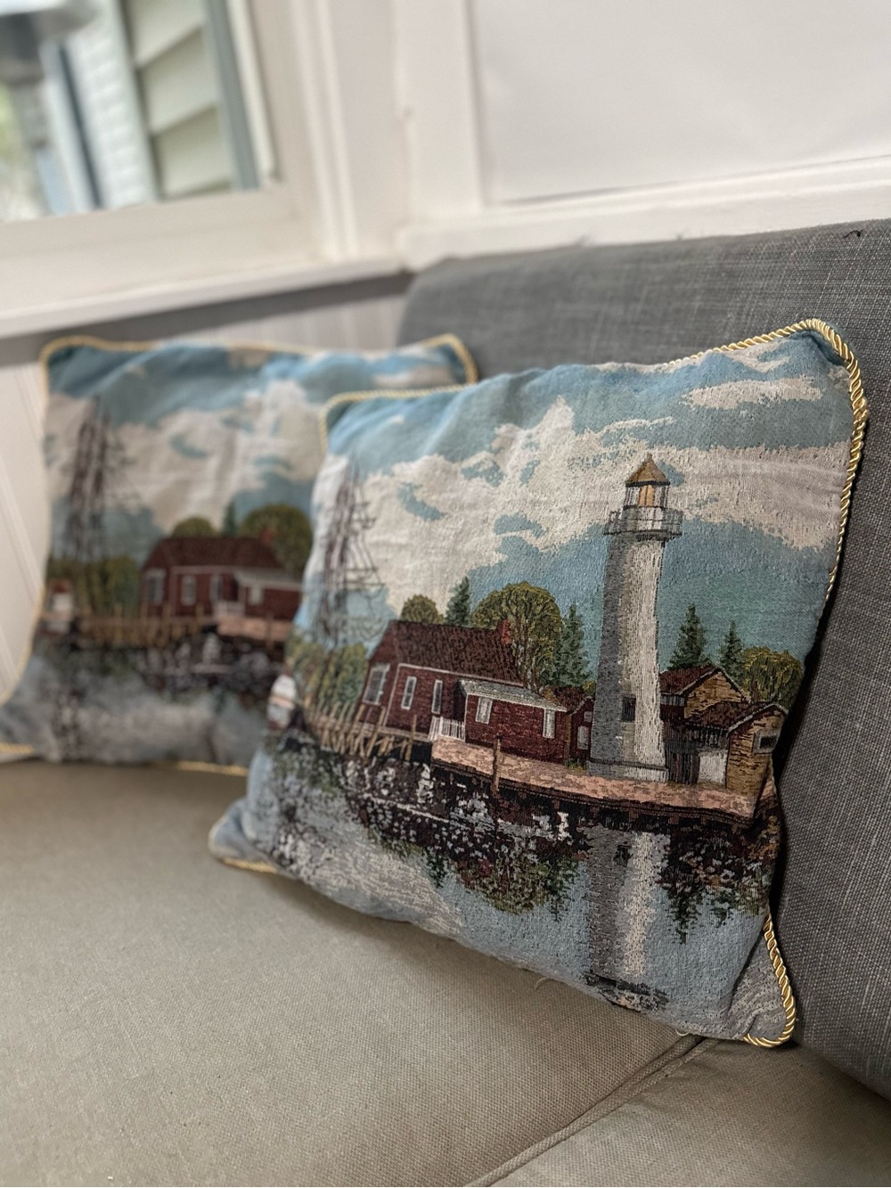 Double-sided lighthouse Sea Scape tapestry pillow 17 x 17, Blue Sky Sailboat
